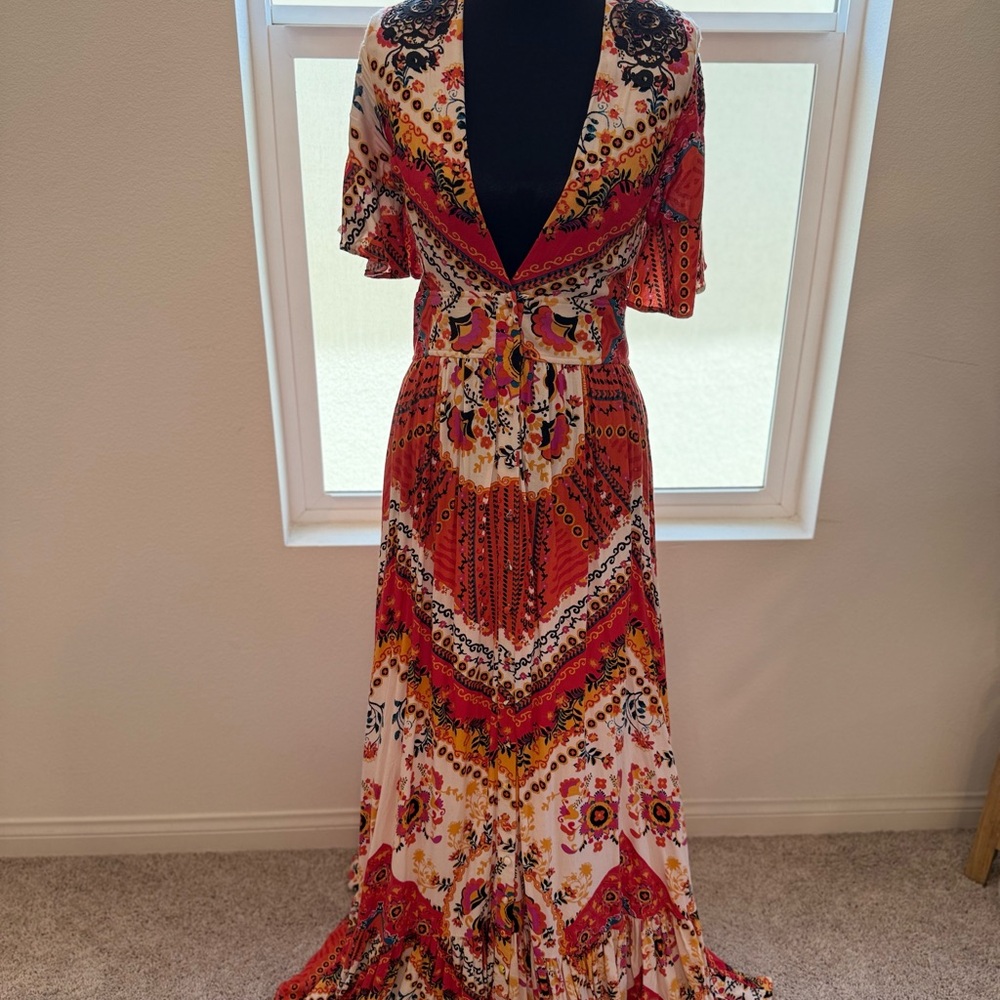 Free People Red and Cream Maxi Sundress with Flutter Sleeves